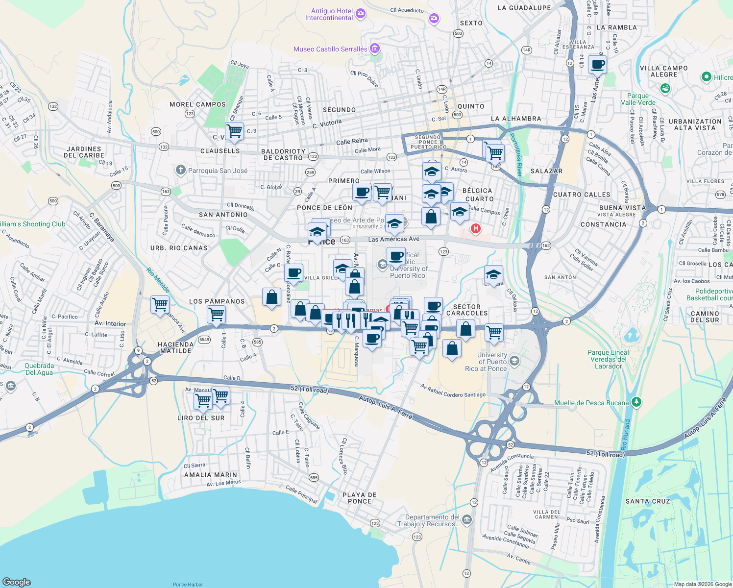 map of restaurants, bars, coffee shops, grocery stores, and more near Edificio Parra in Ponce
