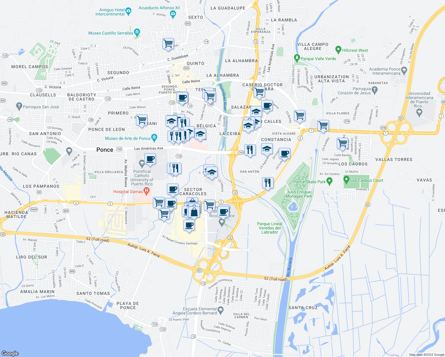 map of restaurants, bars, coffee shops, grocery stores, and more near Calle Galaxia in Ponce