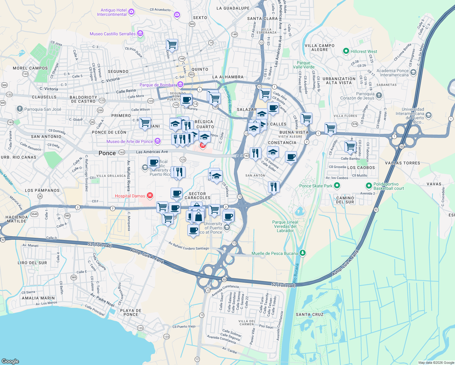 map of restaurants, bars, coffee shops, grocery stores, and more near Calle Galaxia in Ponce