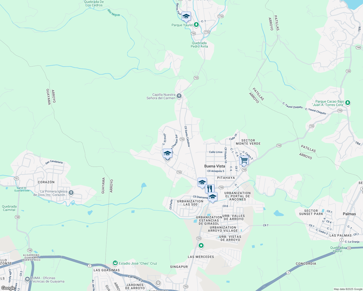 map of restaurants, bars, coffee shops, grocery stores, and more near Puerto Rico 753 in Arroyo