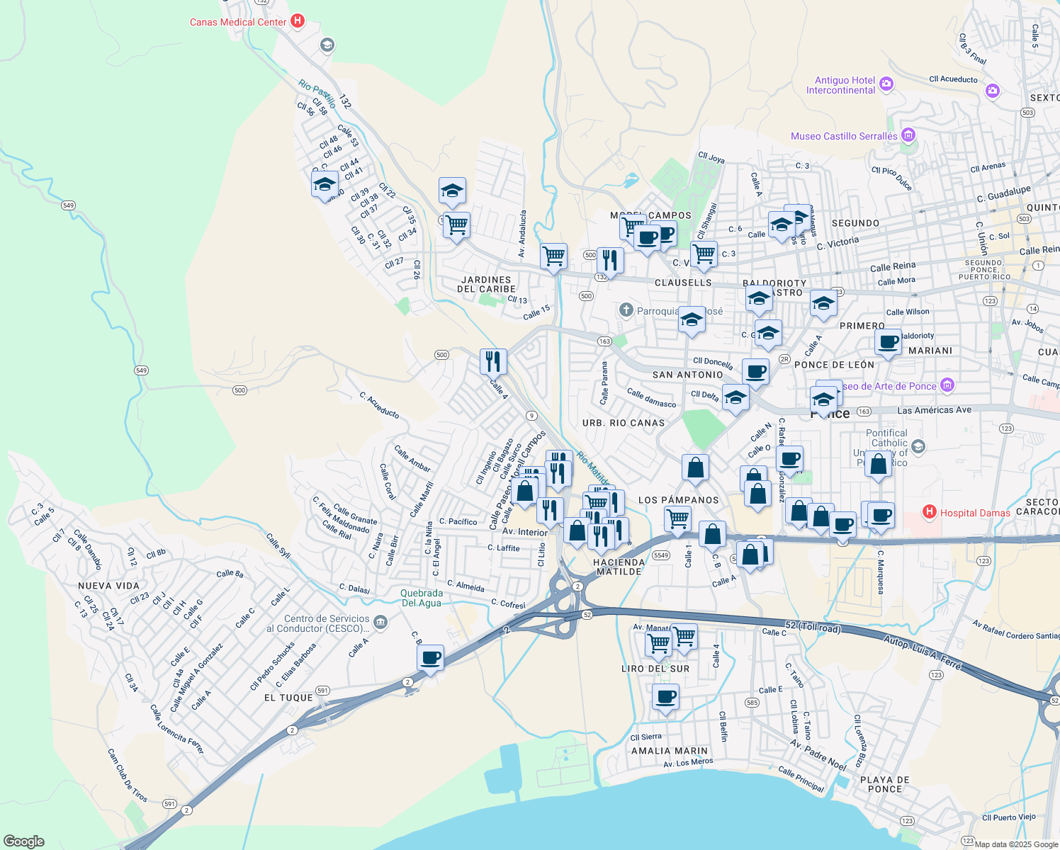 map of restaurants, bars, coffee shops, grocery stores, and more near Calle Baramaya in Ponce