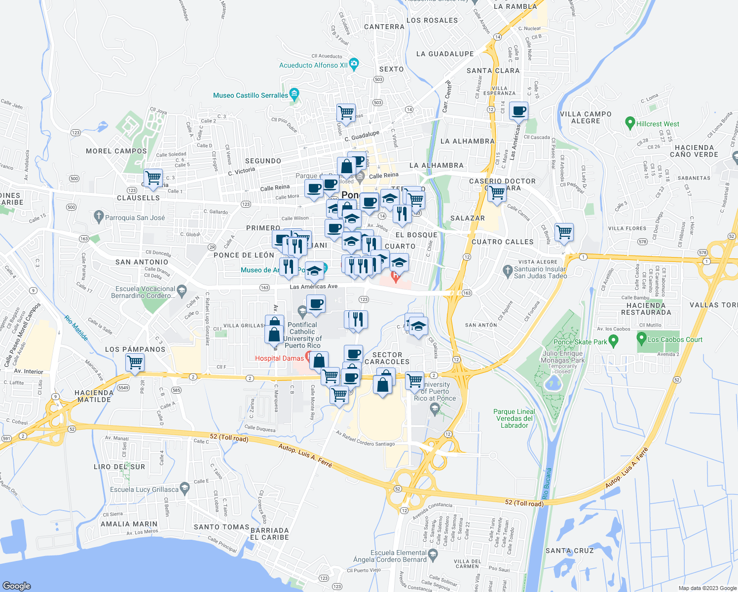 map of restaurants, bars, coffee shops, grocery stores, and more near Avenida Hostos in Ponce