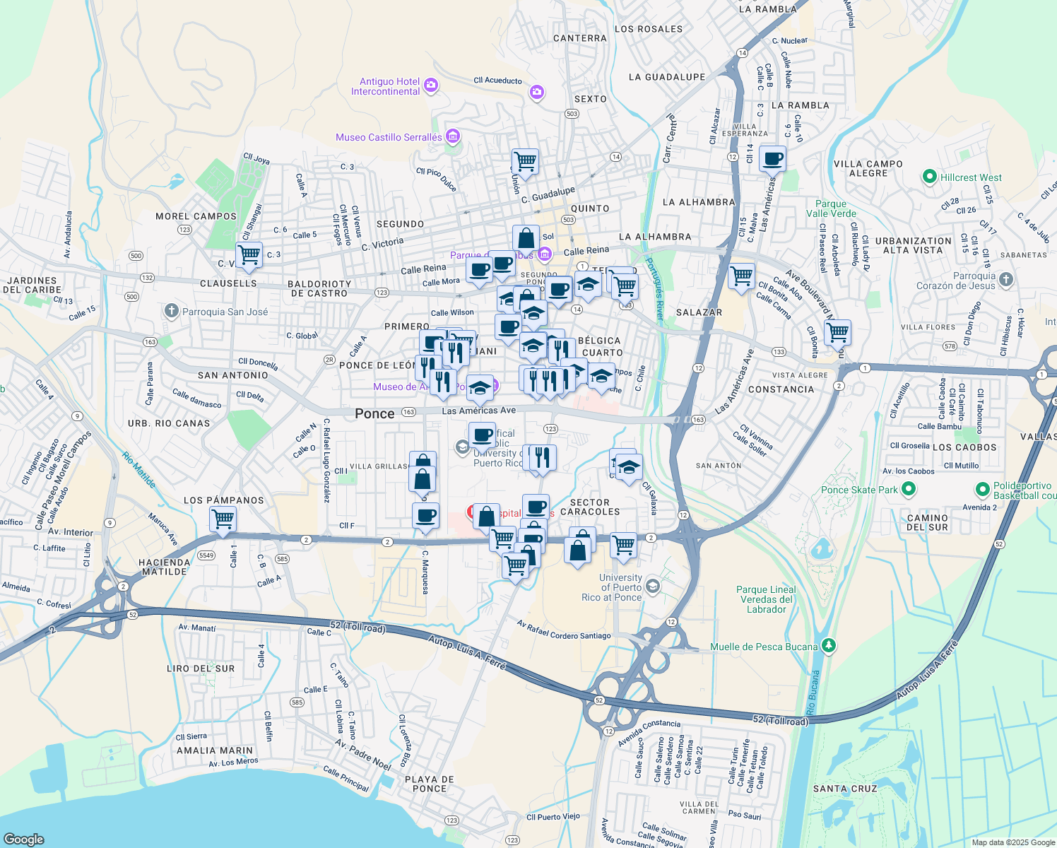 map of restaurants, bars, coffee shops, grocery stores, and more near Calle Amanda in Ponce