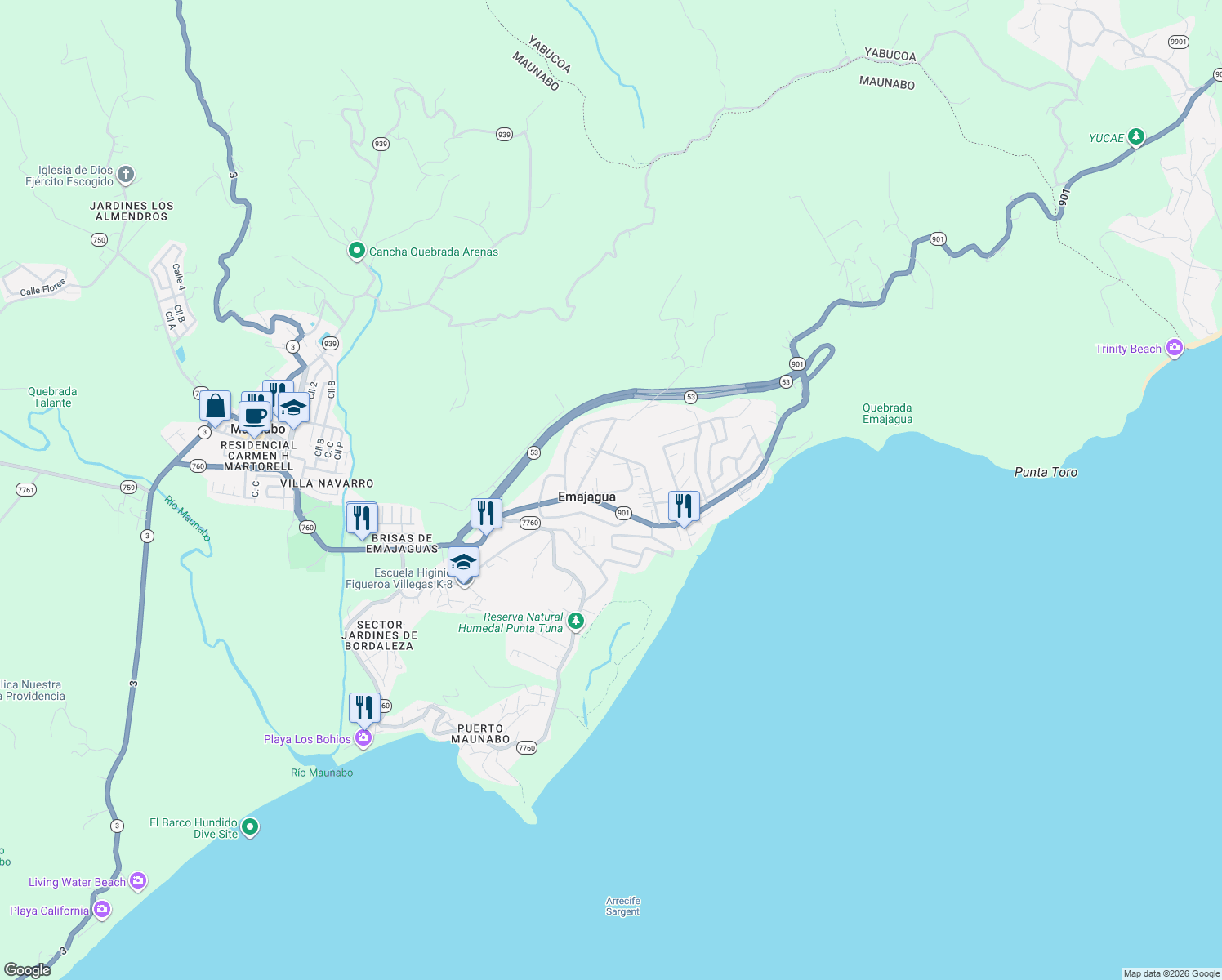 map of restaurants, bars, coffee shops, grocery stores, and more near in Emajagua