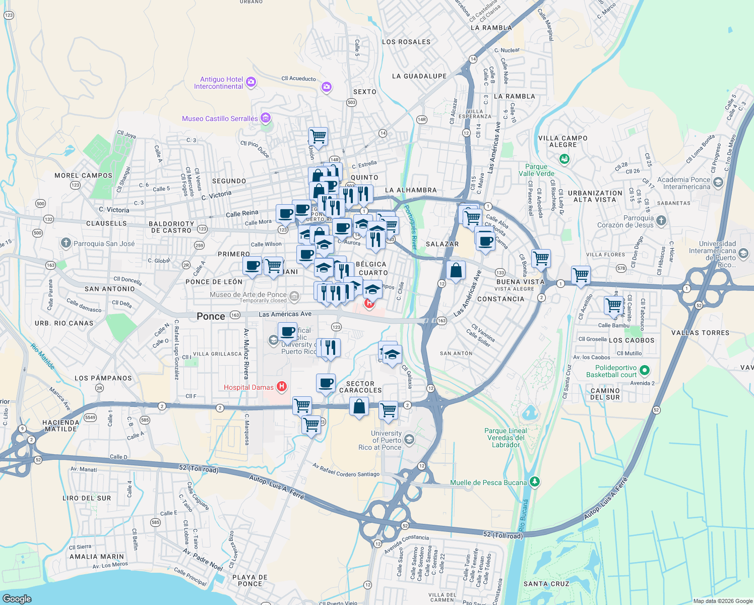 map of restaurants, bars, coffee shops, grocery stores, and more near in Ponce