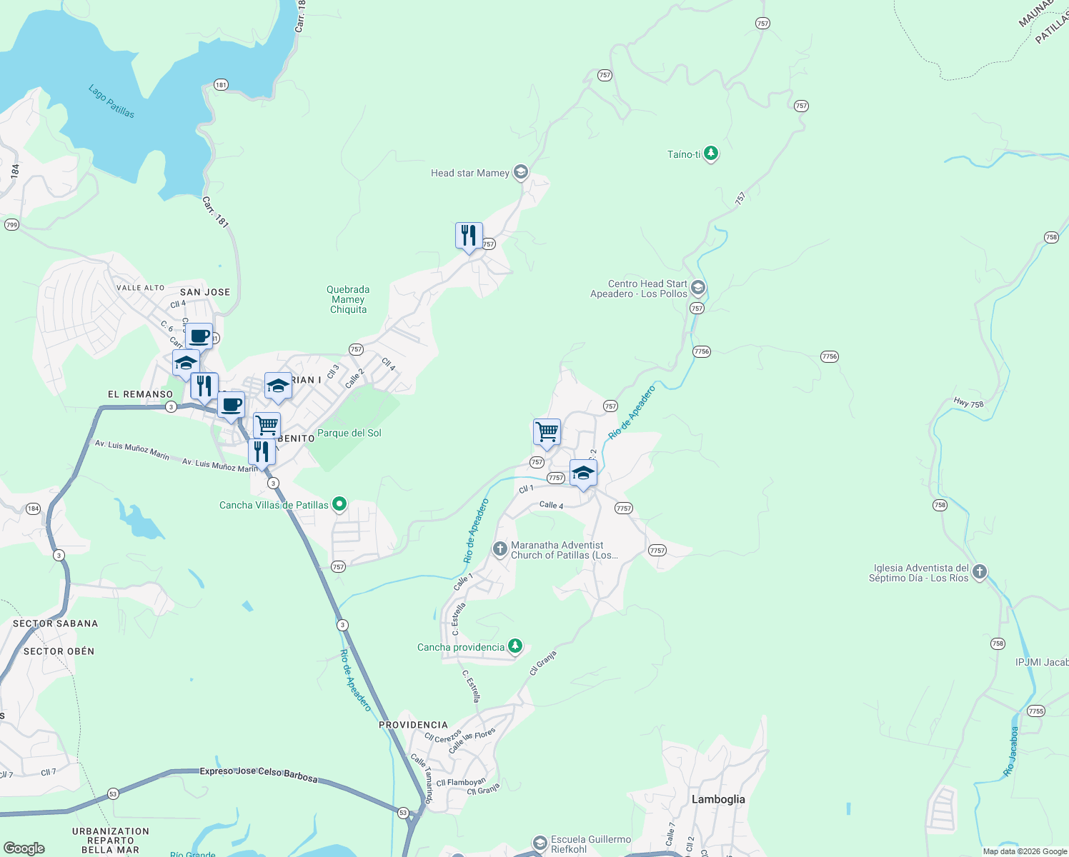 map of restaurants, bars, coffee shops, grocery stores, and more near PR-757 in Patillas