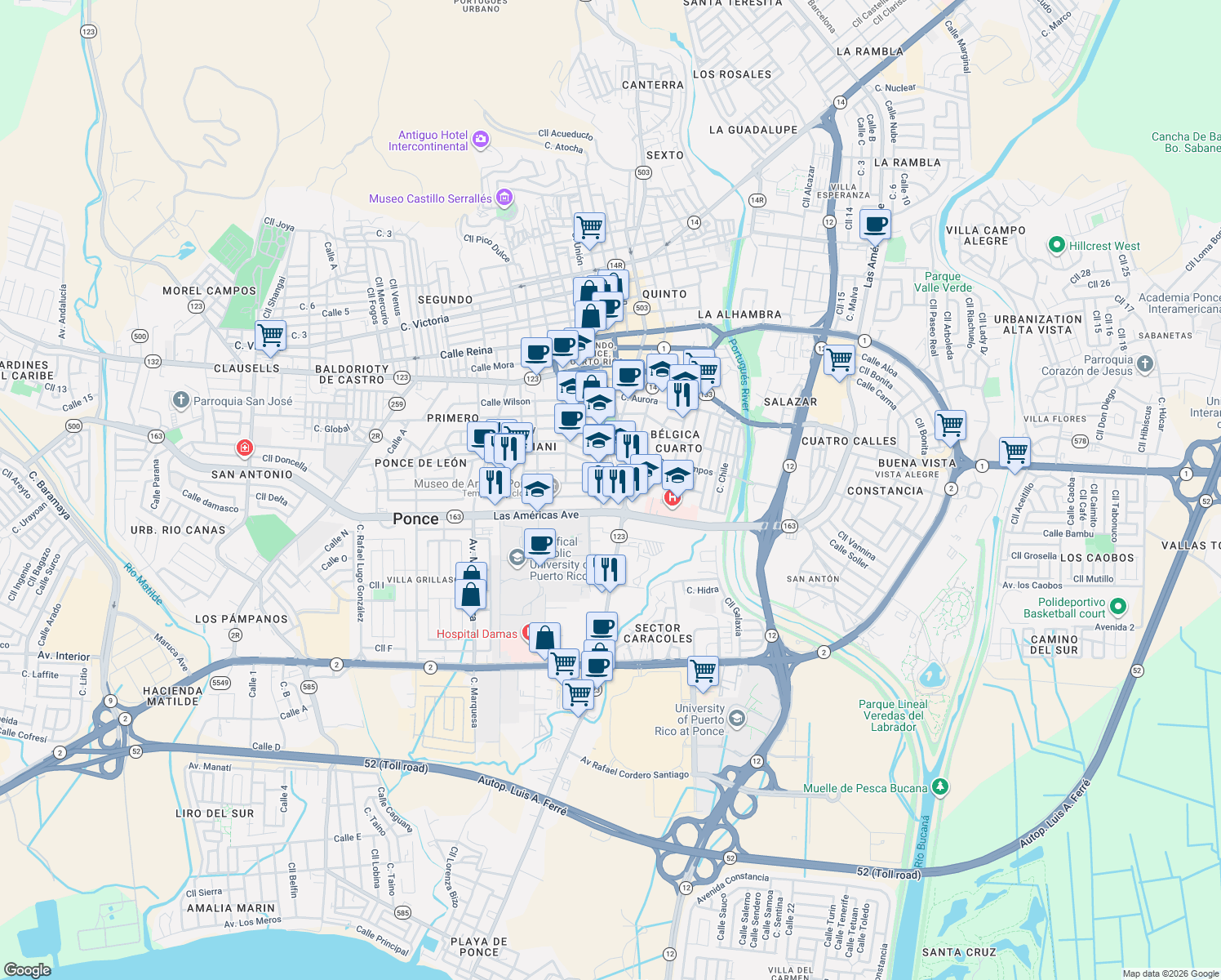 map of restaurants, bars, coffee shops, grocery stores, and more near Calle Power in Ponce