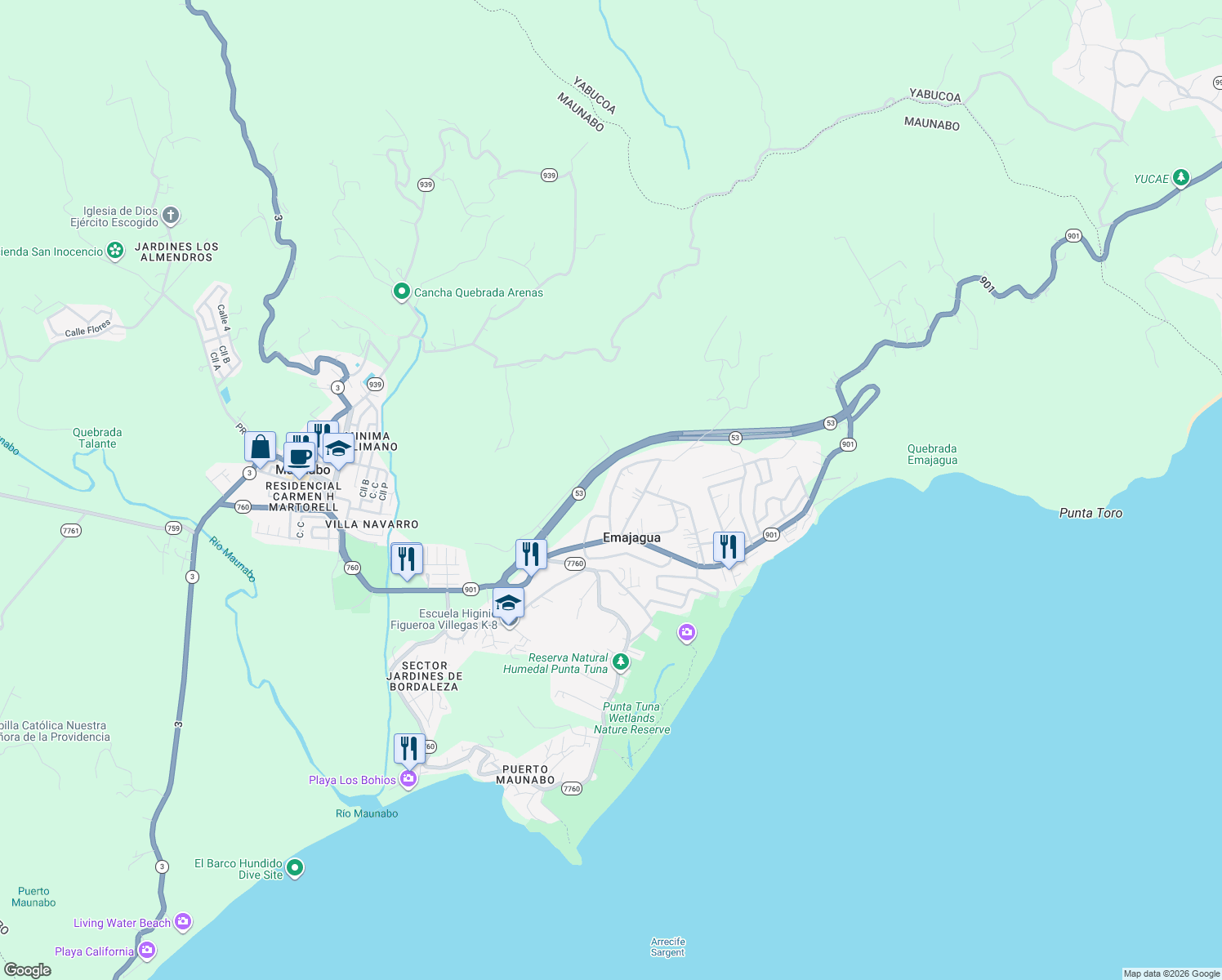 map of restaurants, bars, coffee shops, grocery stores, and more near in Emajagua
