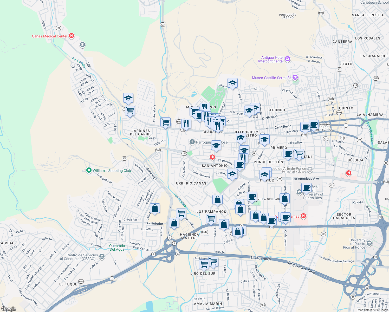 map of restaurants, bars, coffee shops, grocery stores, and more near Calle Damasco in Ponce
