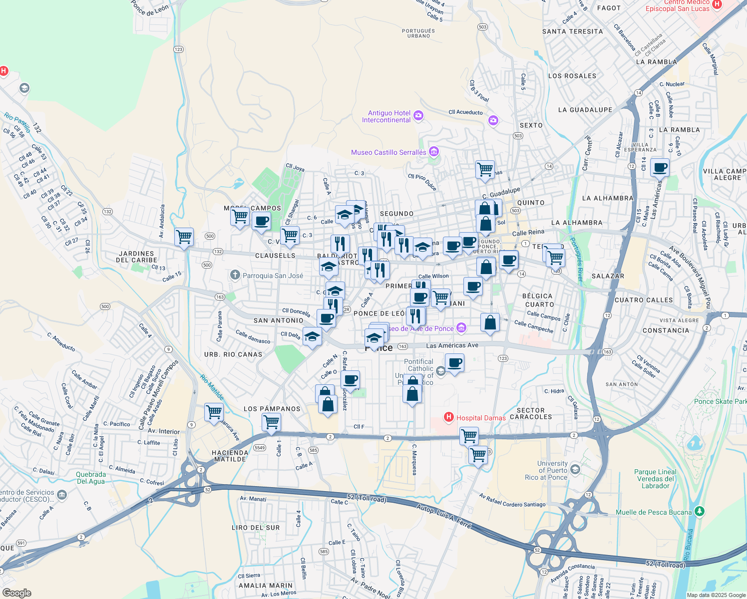 map of restaurants, bars, coffee shops, grocery stores, and more near Calle C in Ponce