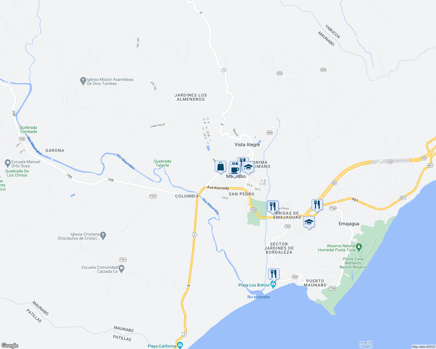 map of restaurants, bars, coffee shops, grocery stores, and more near 53 Calle Antonio R Barcelo in Maunabo