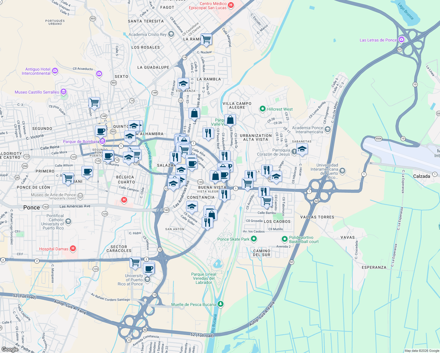 map of restaurants, bars, coffee shops, grocery stores, and more near Calle Sucre in Ponce