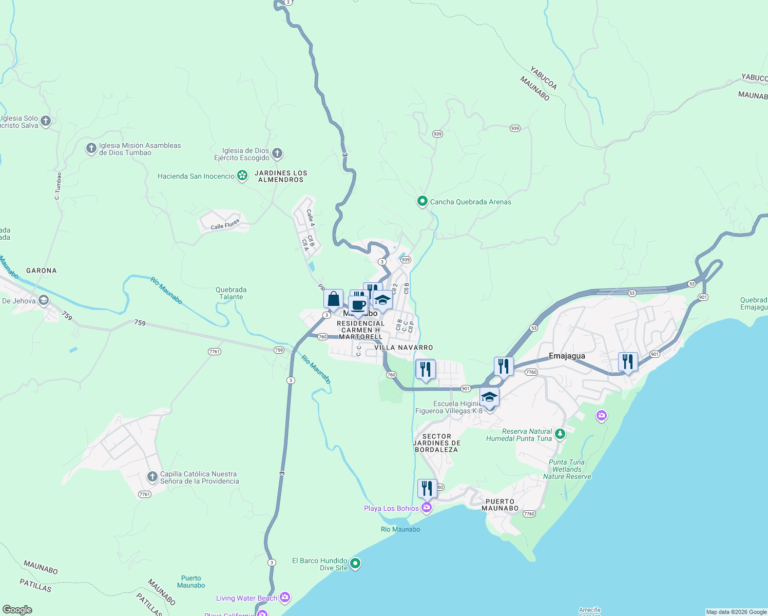 map of restaurants, bars, coffee shops, grocery stores, and more near Avenue Calimano in Maunabo