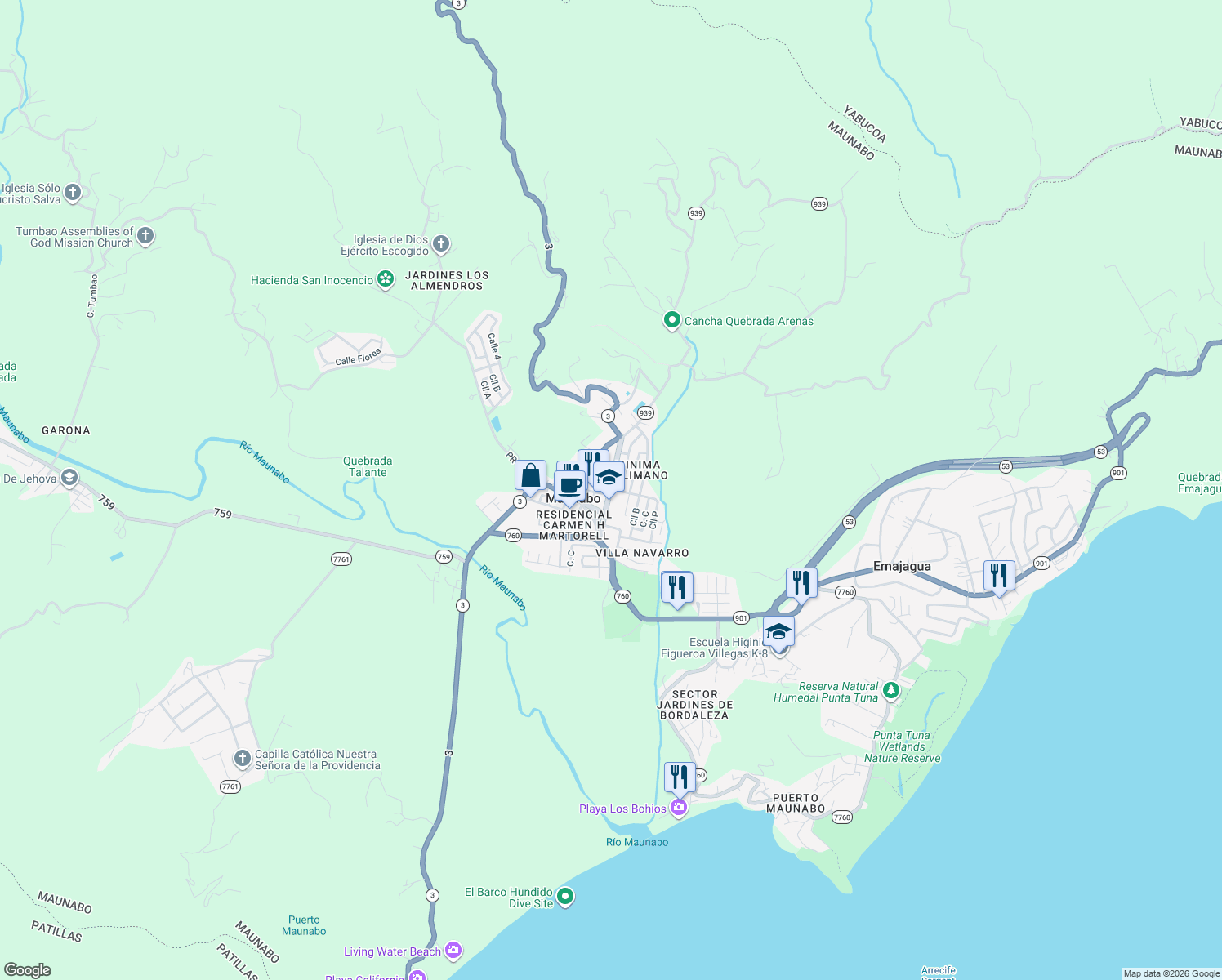 map of restaurants, bars, coffee shops, grocery stores, and more near Avenue Calimano in Maunabo