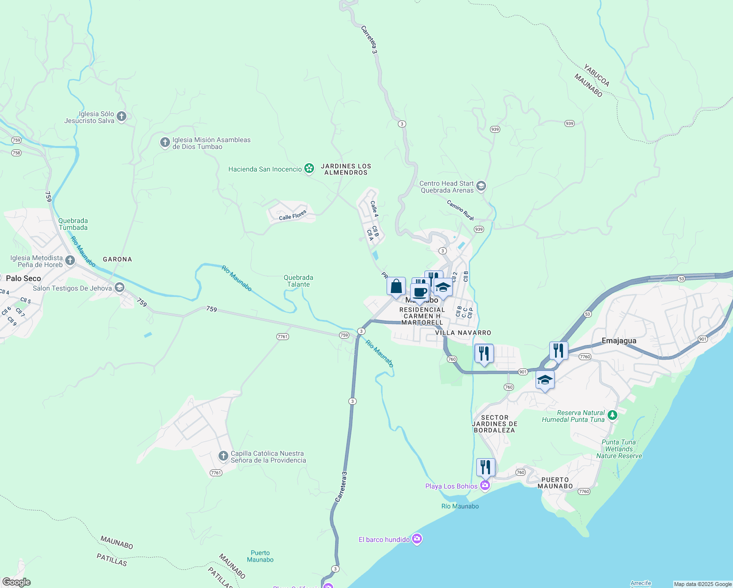 map of restaurants, bars, coffee shops, grocery stores, and more near Puerto Rico 53 in Maunabo