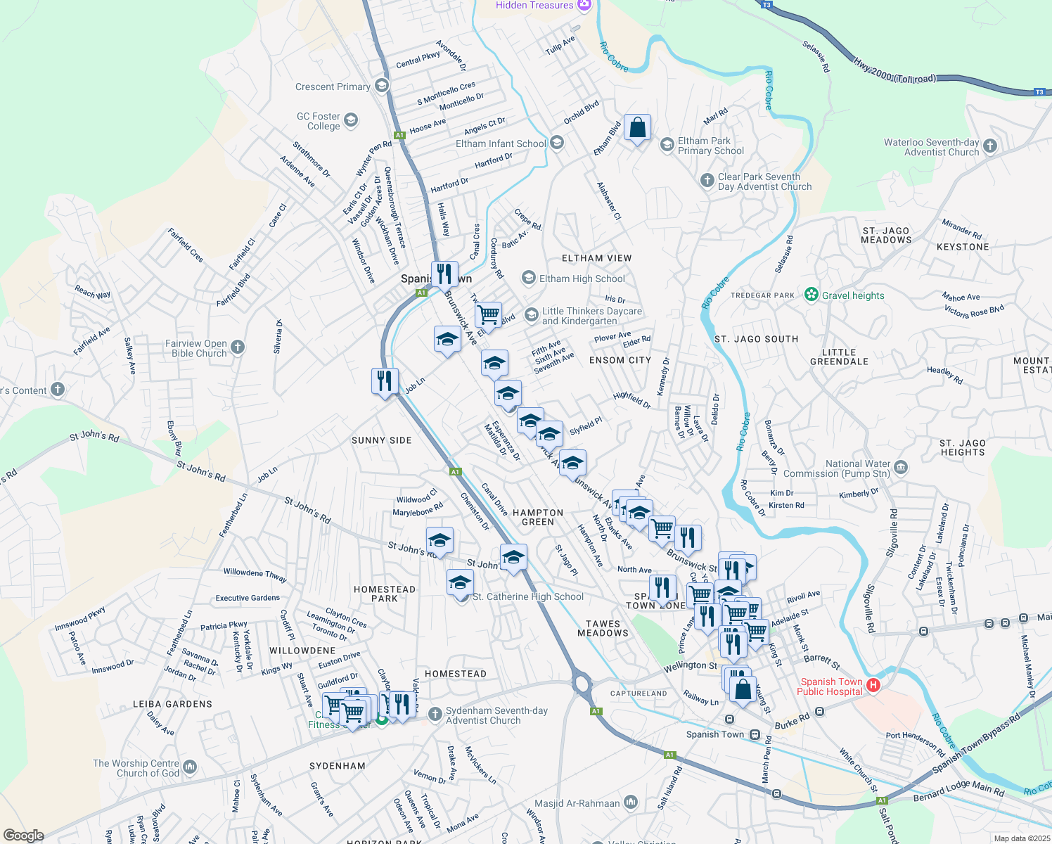 map of restaurants, bars, coffee shops, grocery stores, and more near Brunswick Avenue in Spanish Town