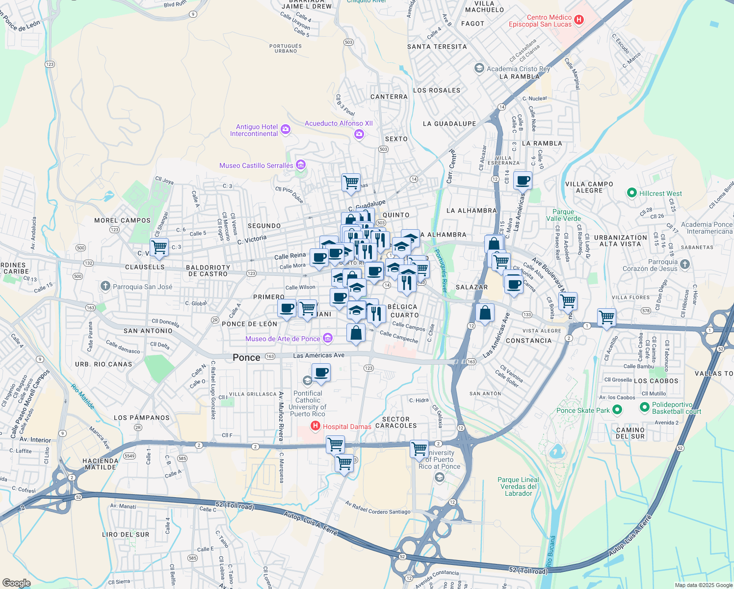map of restaurants, bars, coffee shops, grocery stores, and more near Calle Marina in Ponce