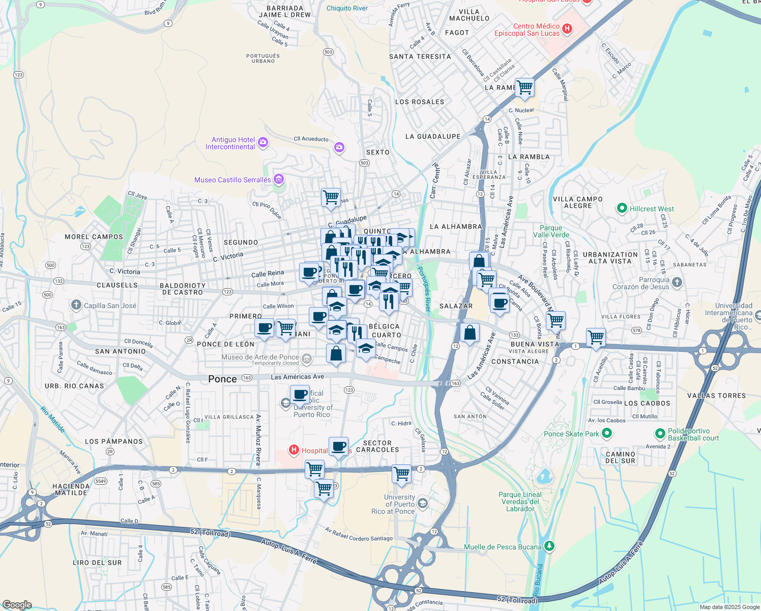 map of restaurants, bars, coffee shops, grocery stores, and more near 50-84 Calle Aurora in Ponce
