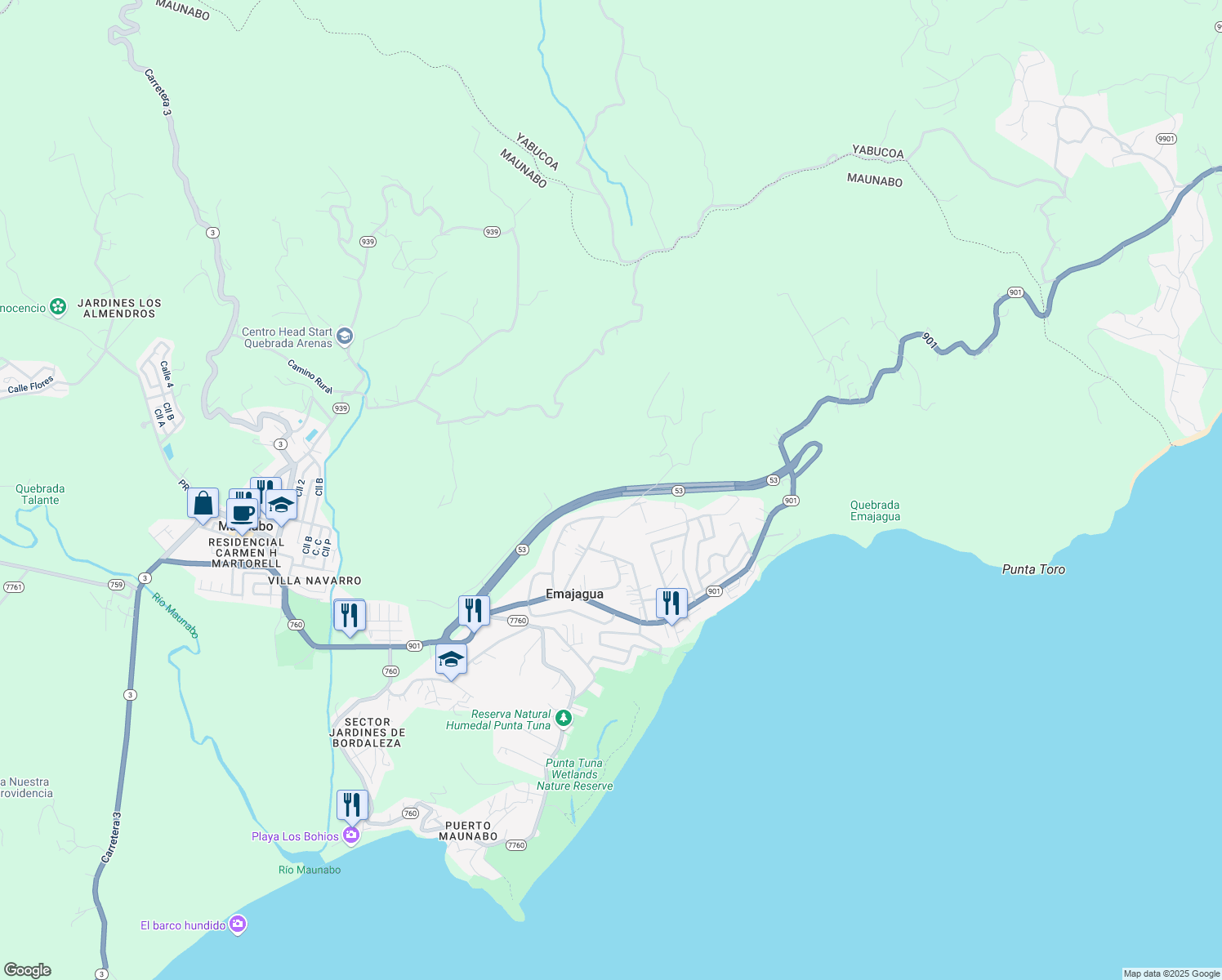 map of restaurants, bars, coffee shops, grocery stores, and more near Puerto Rico 53 in Maunabo