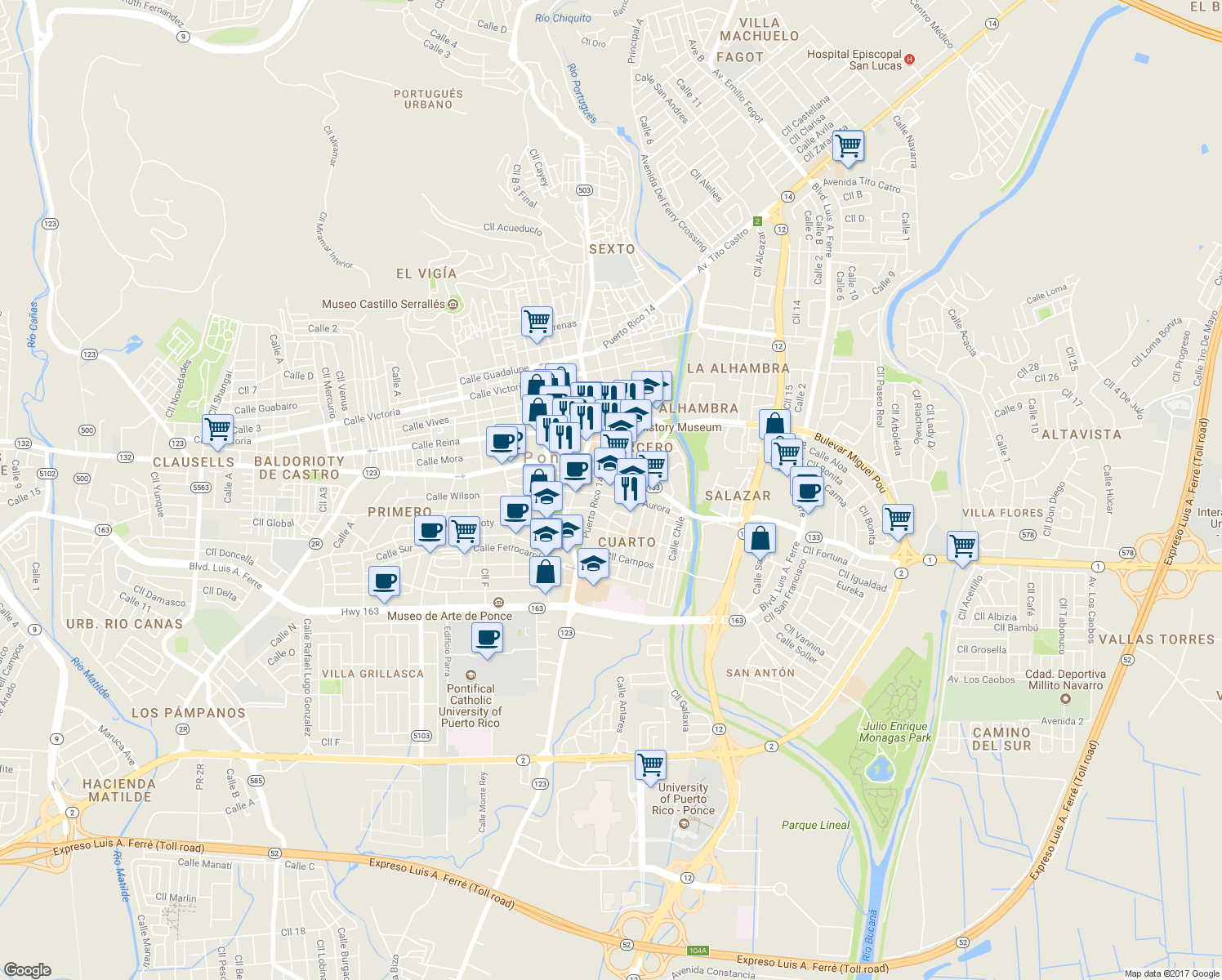 map of restaurants, bars, coffee shops, grocery stores, and more near 50 Calle Aurora in Ponce