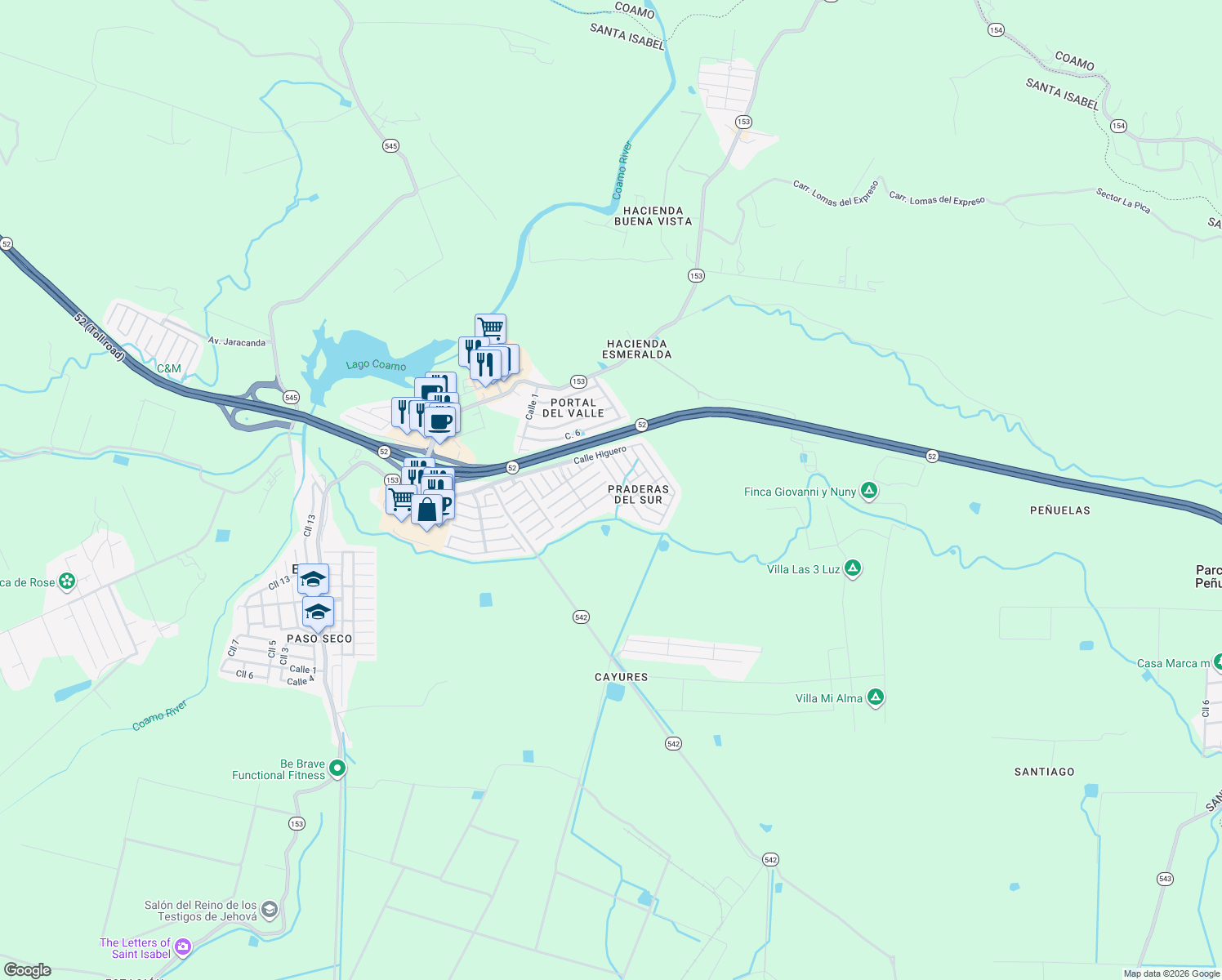map of restaurants, bars, coffee shops, grocery stores, and more near 86 Calle Cedro in Santa Isabel