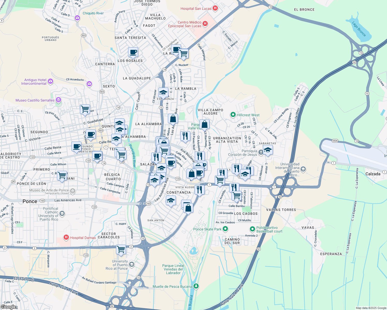 map of restaurants, bars, coffee shops, grocery stores, and more near Calle 5 in Ponce