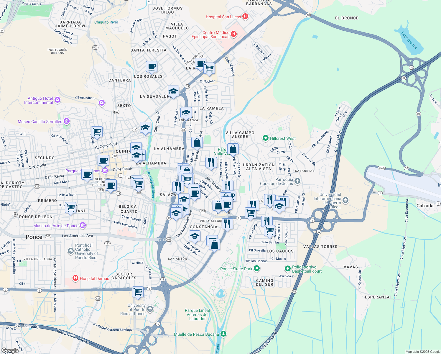 map of restaurants, bars, coffee shops, grocery stores, and more near Calle Paseo Real in Ponce