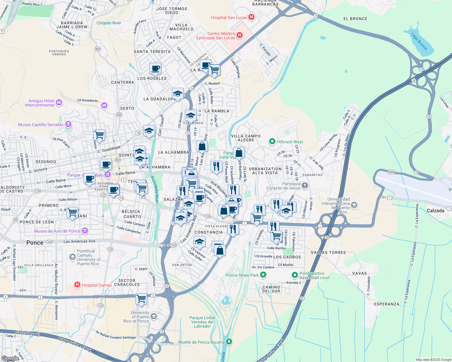 map of restaurants, bars, coffee shops, grocery stores, and more near Calle Paseo Real in Ponce
