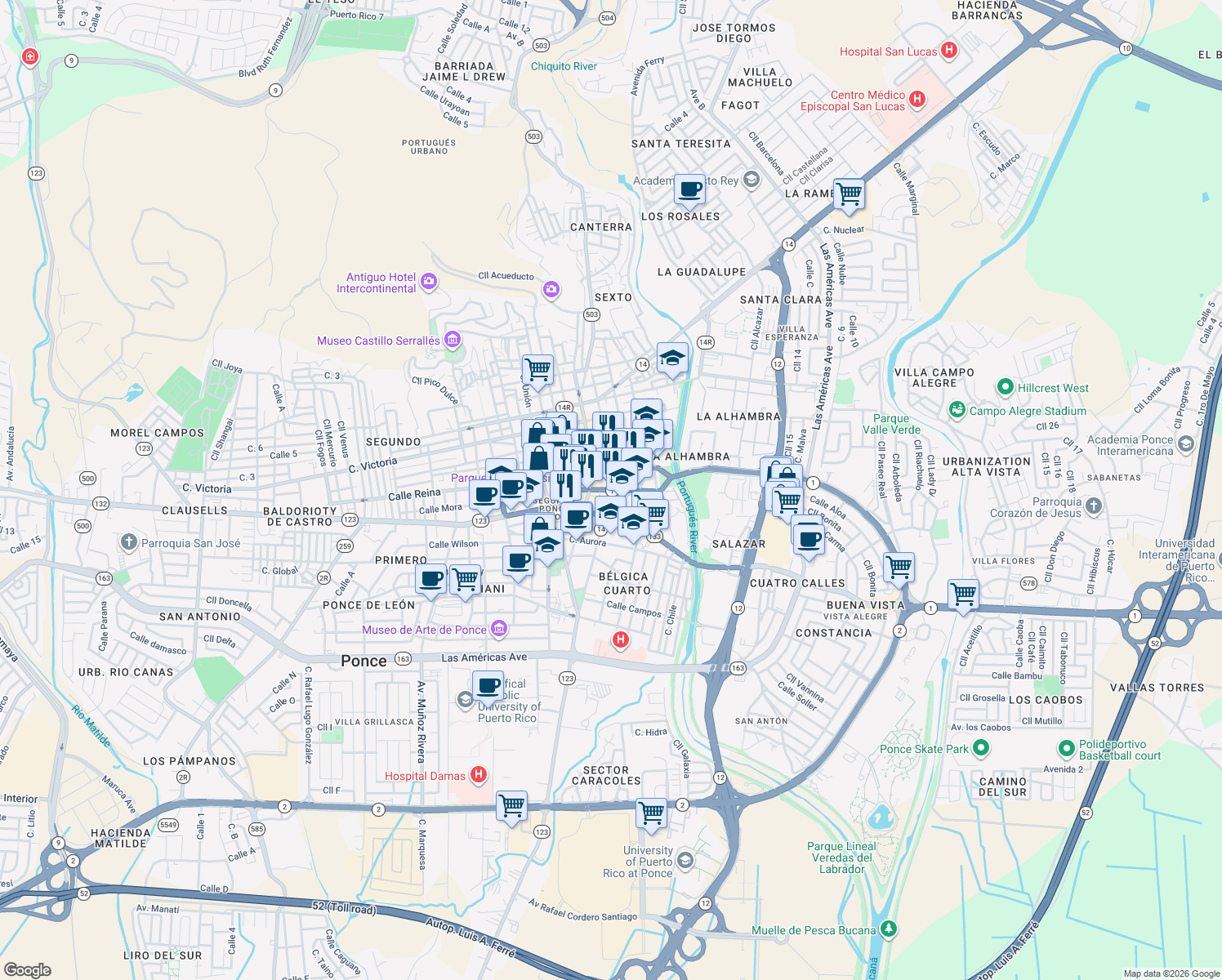 map of restaurants, bars, coffee shops, grocery stores, and more near Calle Salud in Ponce