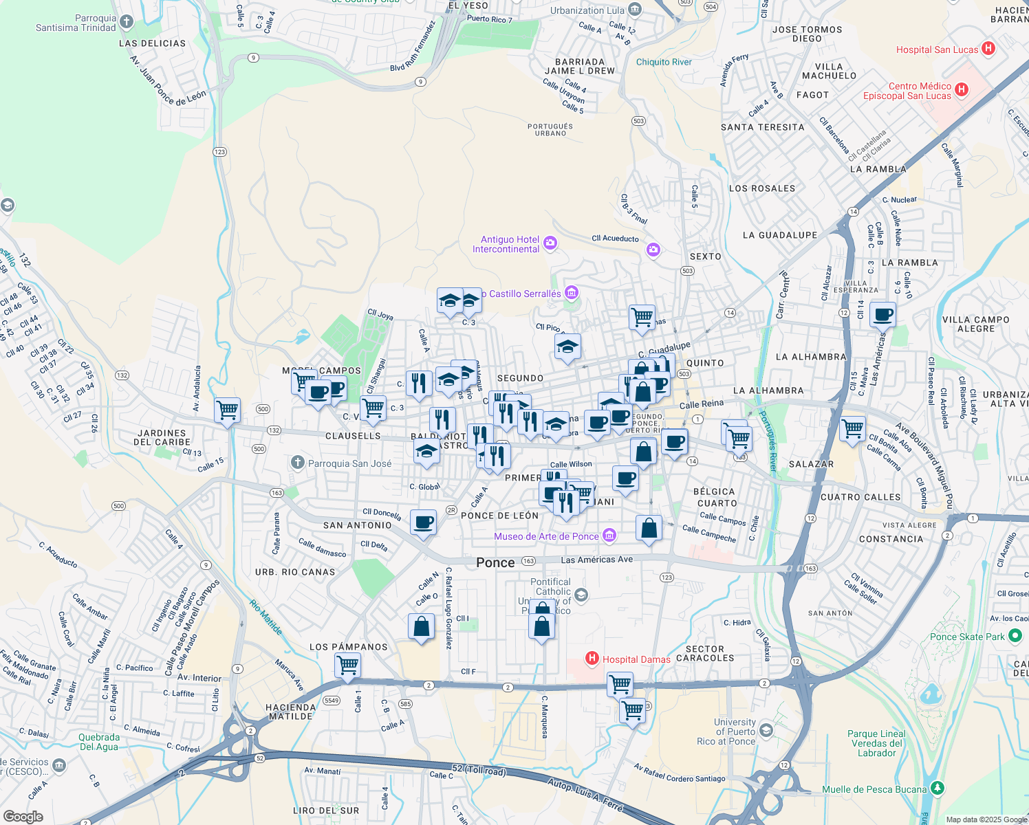 map of restaurants, bars, coffee shops, grocery stores, and more near 20 Calle Villa Madrid in Ponce
