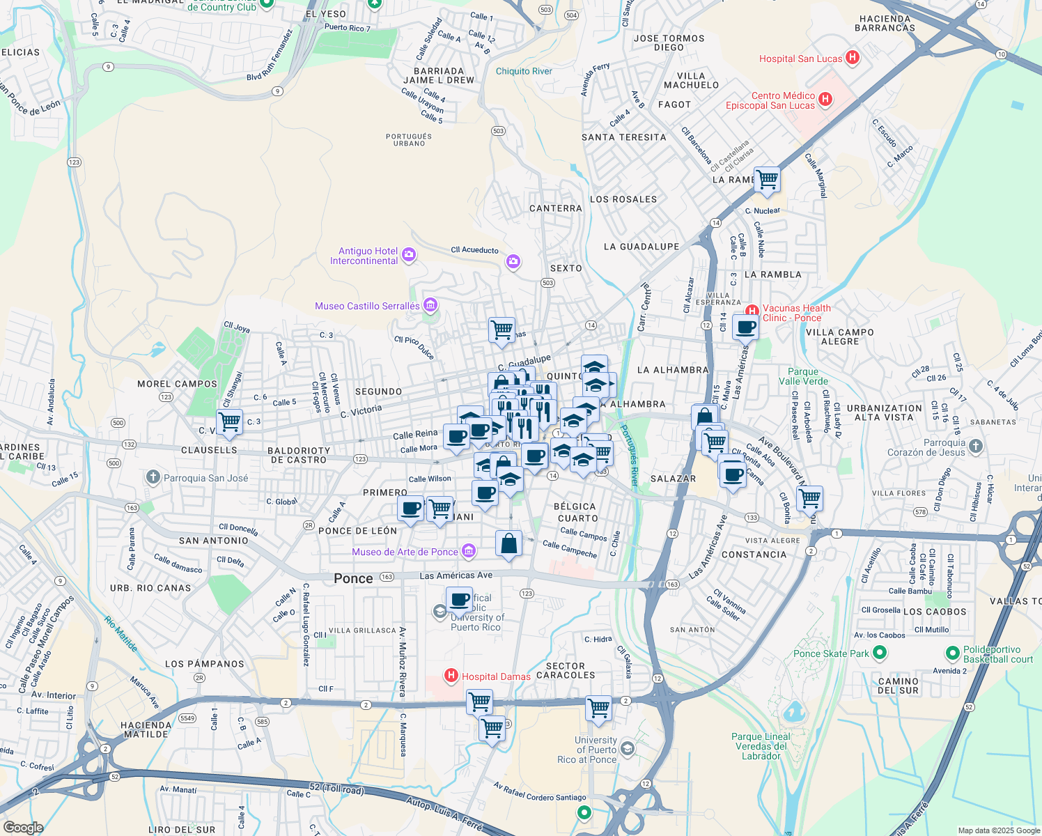 map of restaurants, bars, coffee shops, grocery stores, and more near in Ponce