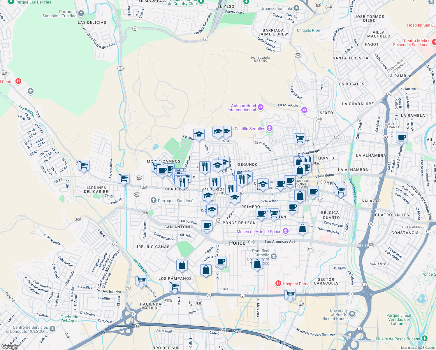 map of restaurants, bars, coffee shops, grocery stores, and more near 342 Calle Victoria in Ponce