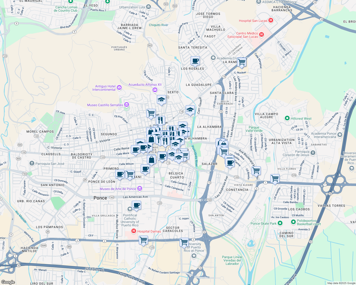 map of restaurants, bars, coffee shops, grocery stores, and more near 15 Calle Sol in Ponce