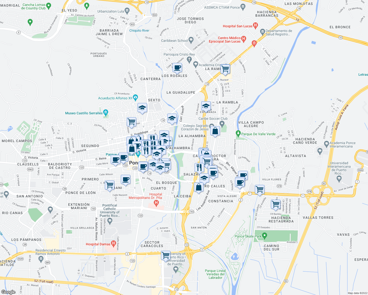 map of restaurants, bars, coffee shops, grocery stores, and more near Calle Jose M Escriba in Ponce