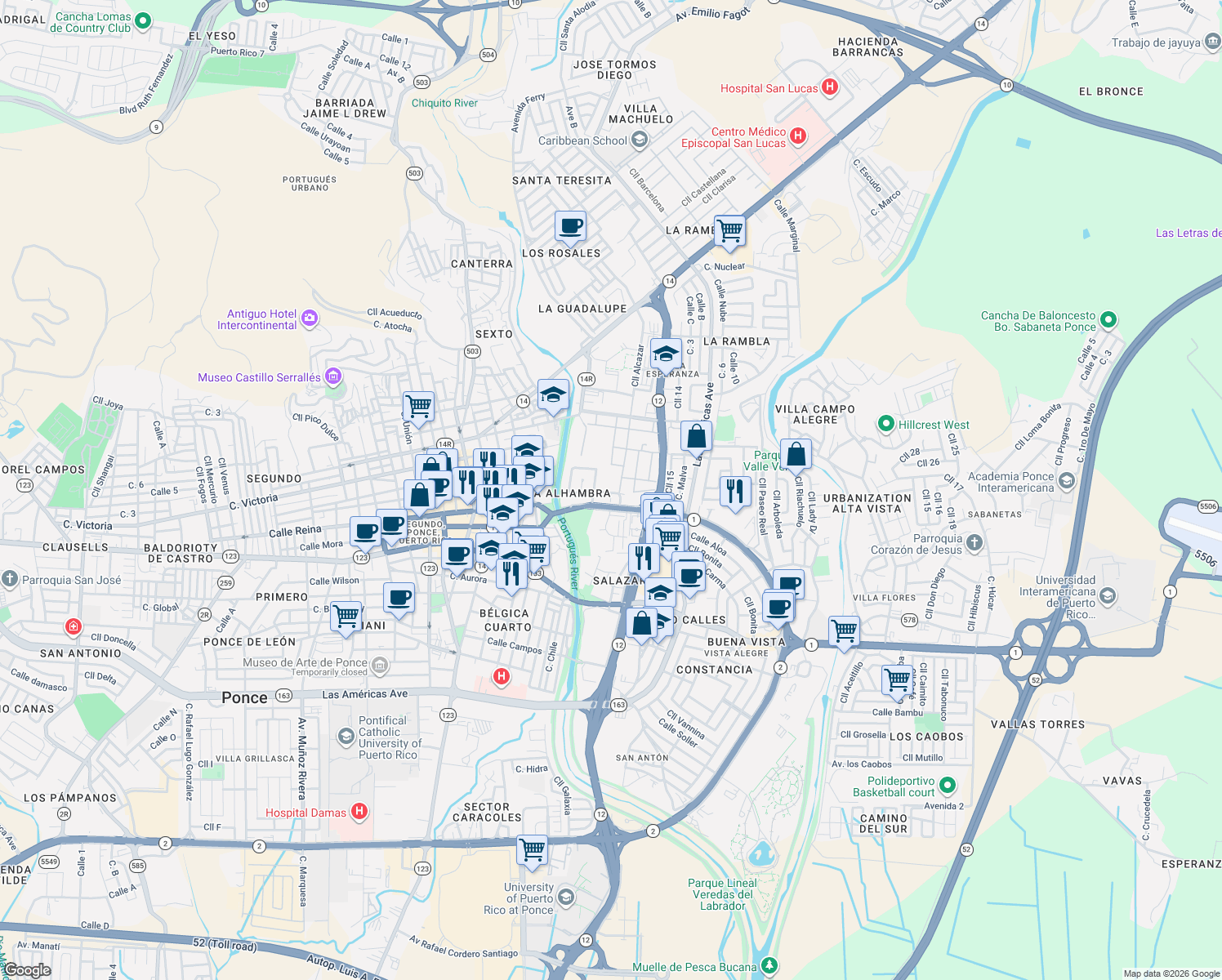 map of restaurants, bars, coffee shops, grocery stores, and more near Calle Jose M Escriba in Ponce