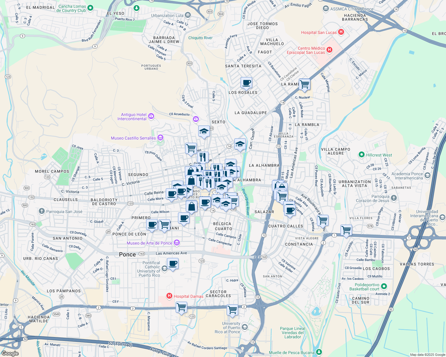 map of restaurants, bars, coffee shops, grocery stores, and more near 15-27 Calle Sol in Ponce