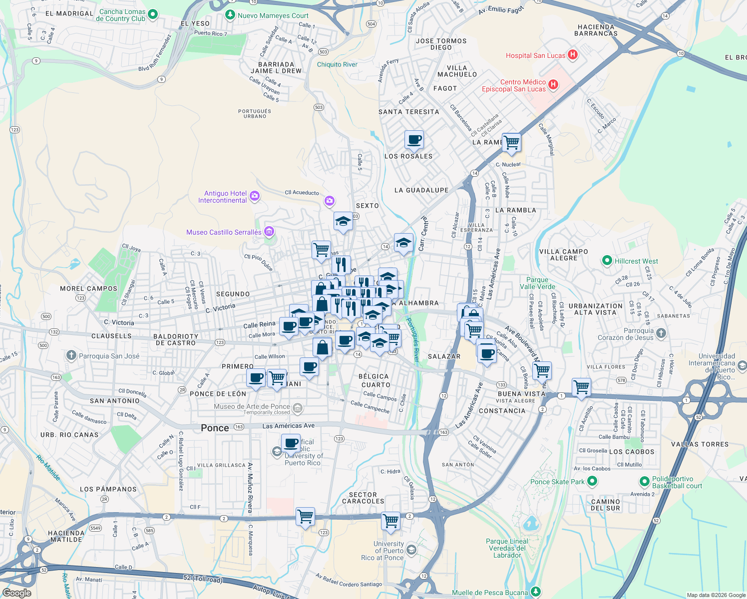 map of restaurants, bars, coffee shops, grocery stores, and more near 15-27 Calle Sol in Ponce