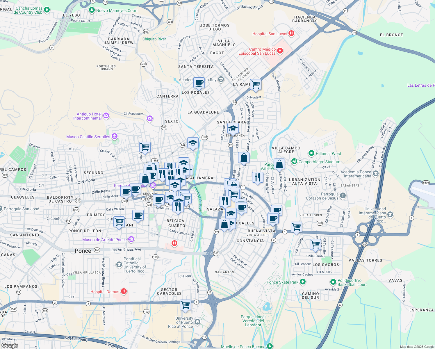 map of restaurants, bars, coffee shops, grocery stores, and more near Calle Jose M Escriba in Ponce