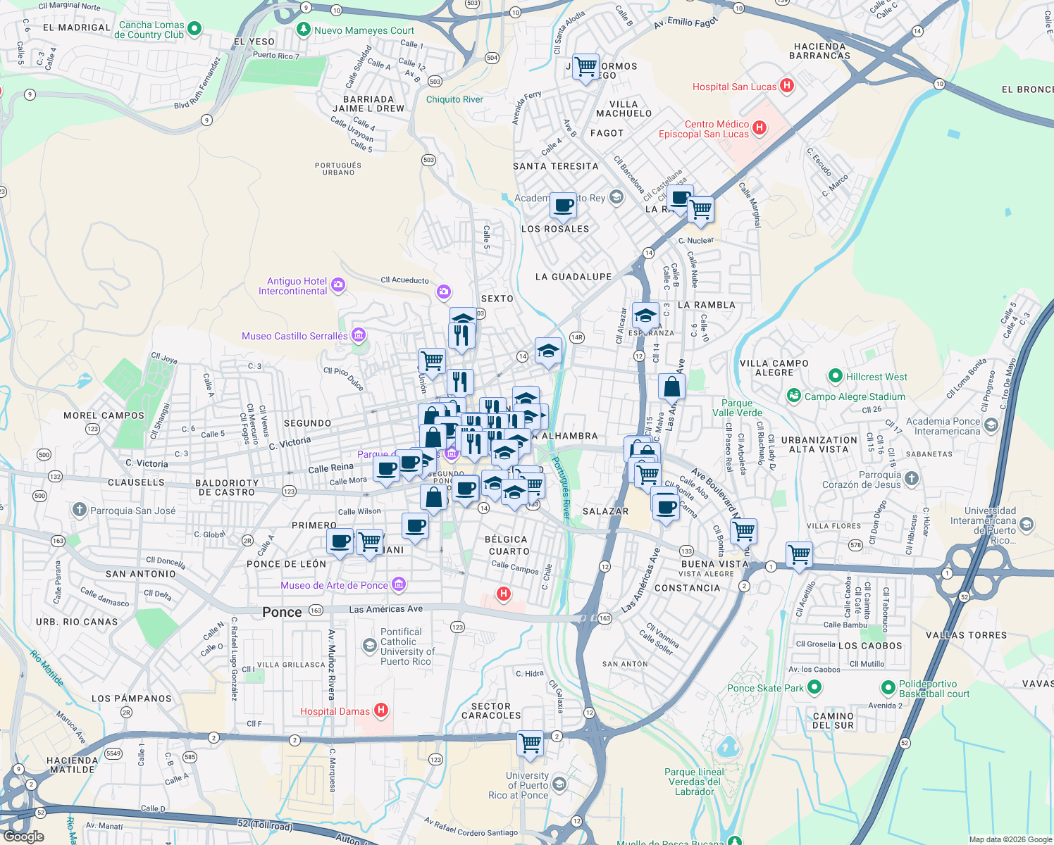 map of restaurants, bars, coffee shops, grocery stores, and more near 31 Calle Lolita Tizol in Ponce