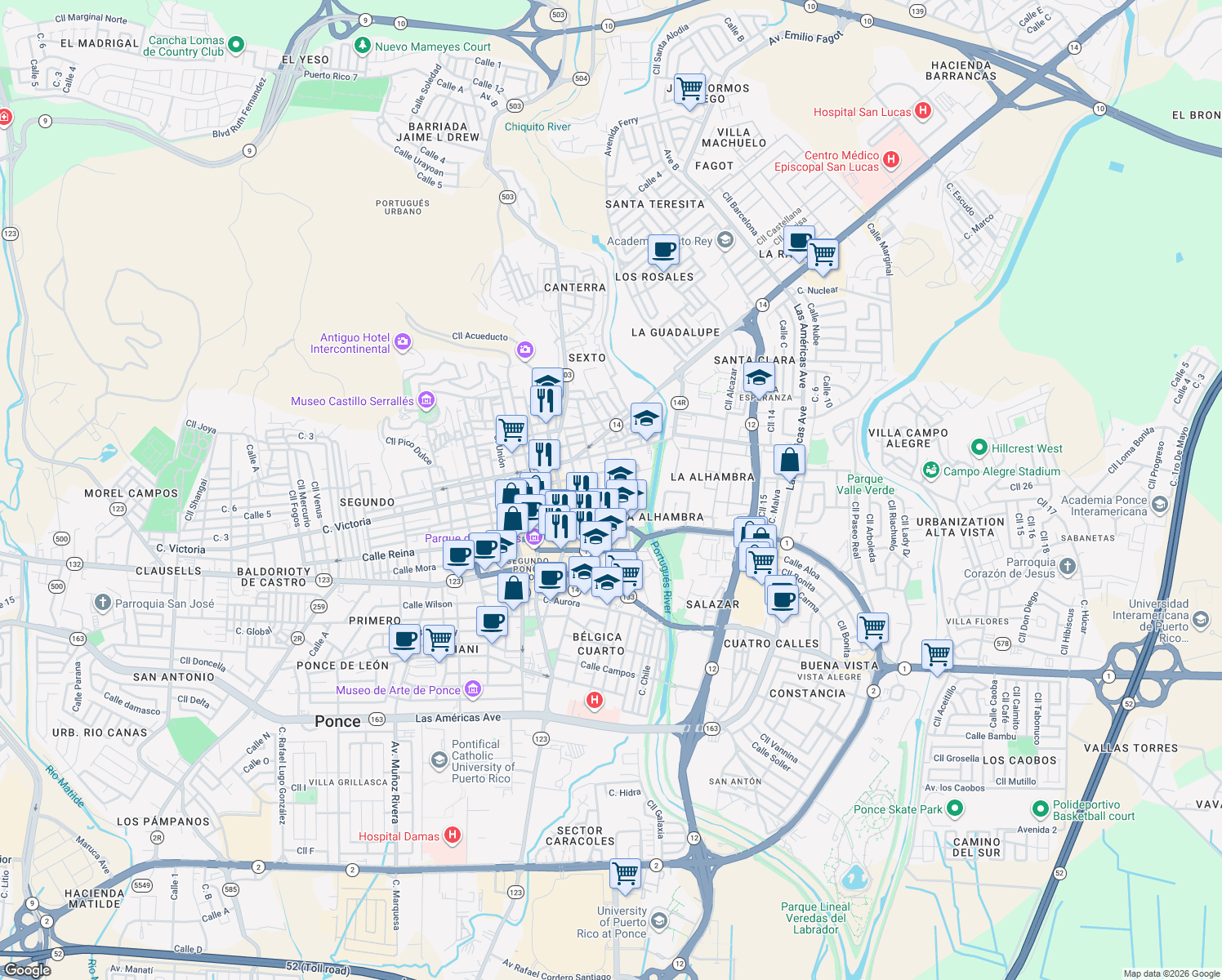 map of restaurants, bars, coffee shops, grocery stores, and more near 21-31 Calle Lolita Tizol in Ponce