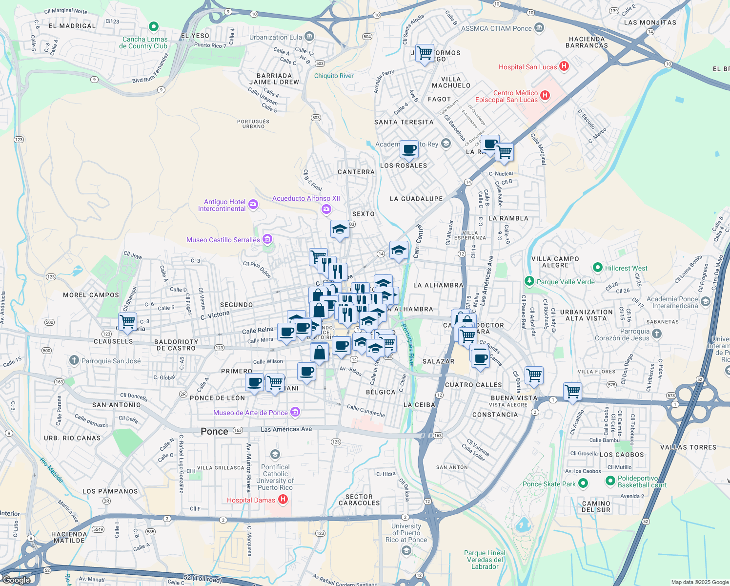 map of restaurants, bars, coffee shops, grocery stores, and more near 34 Calle Castillo in Ponce