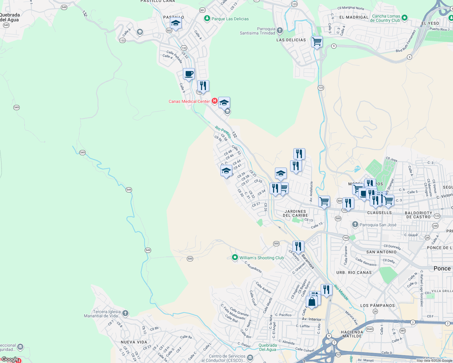 map of restaurants, bars, coffee shops, grocery stores, and more near Calle 30 in Ponce