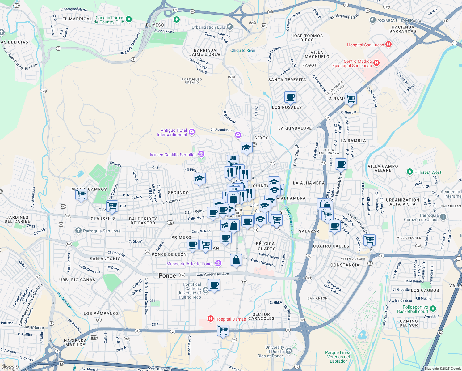 map of restaurants, bars, coffee shops, grocery stores, and more near Calle Unión in Ponce