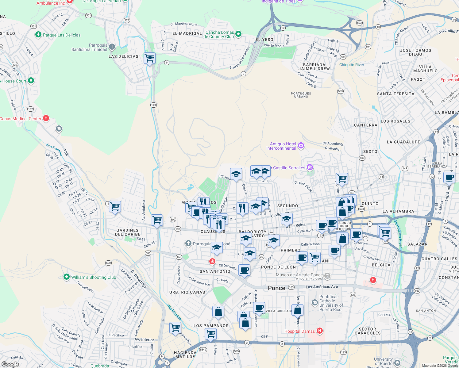 map of restaurants, bars, coffee shops, grocery stores, and more near 105-151 Calle Central in Ponce