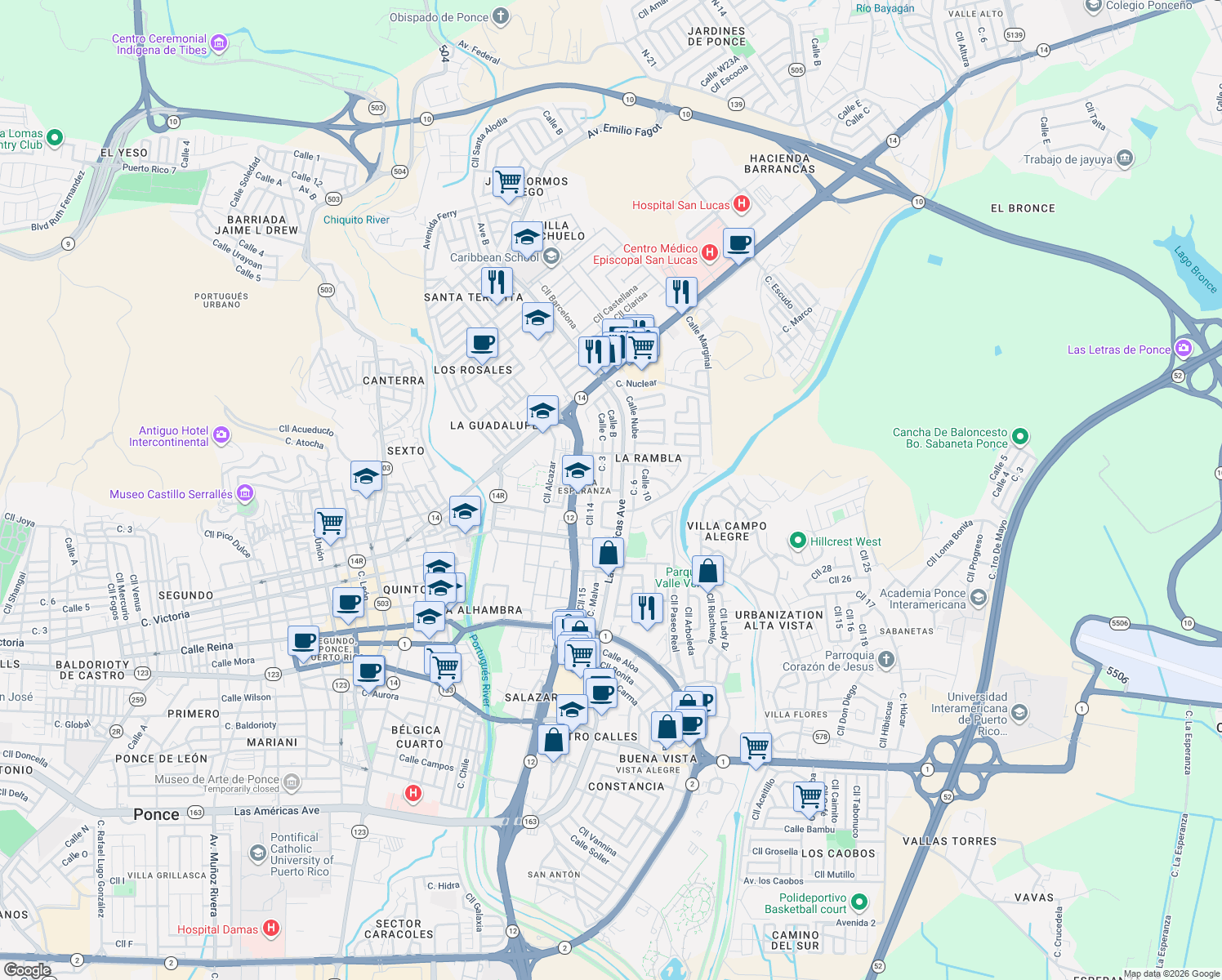 map of restaurants, bars, coffee shops, grocery stores, and more near 54 Calle 2 in Ponce