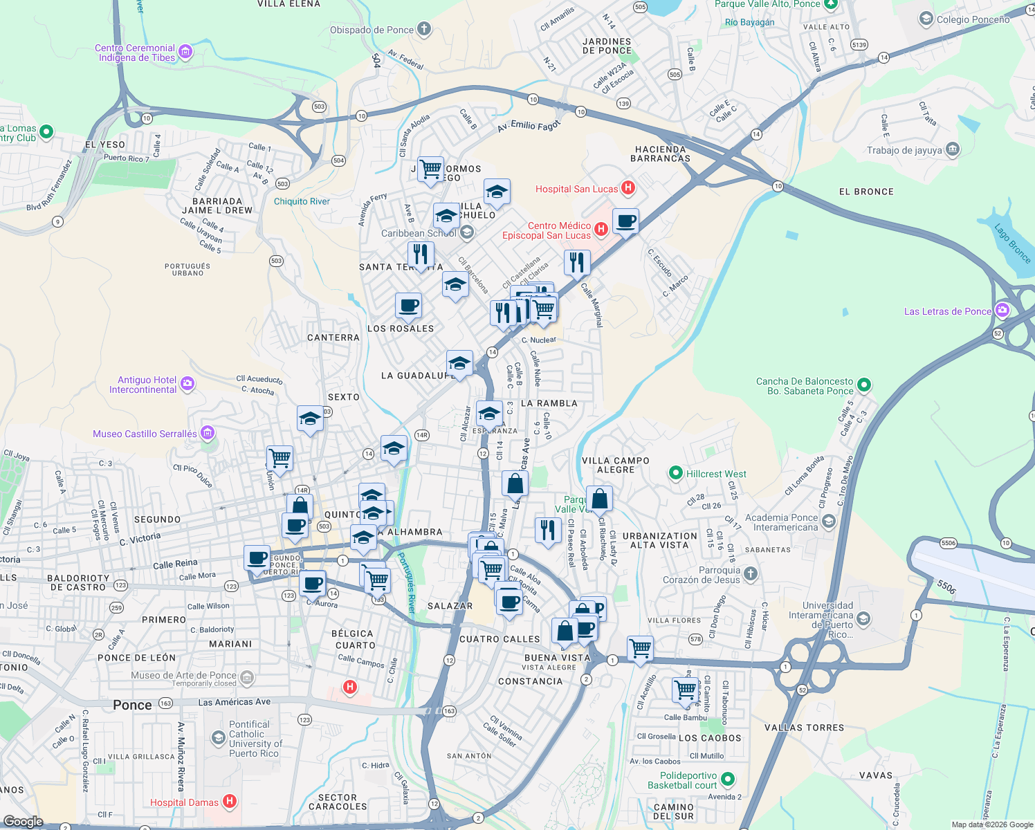 map of restaurants, bars, coffee shops, grocery stores, and more near 40-54 Calle 2 in Ponce