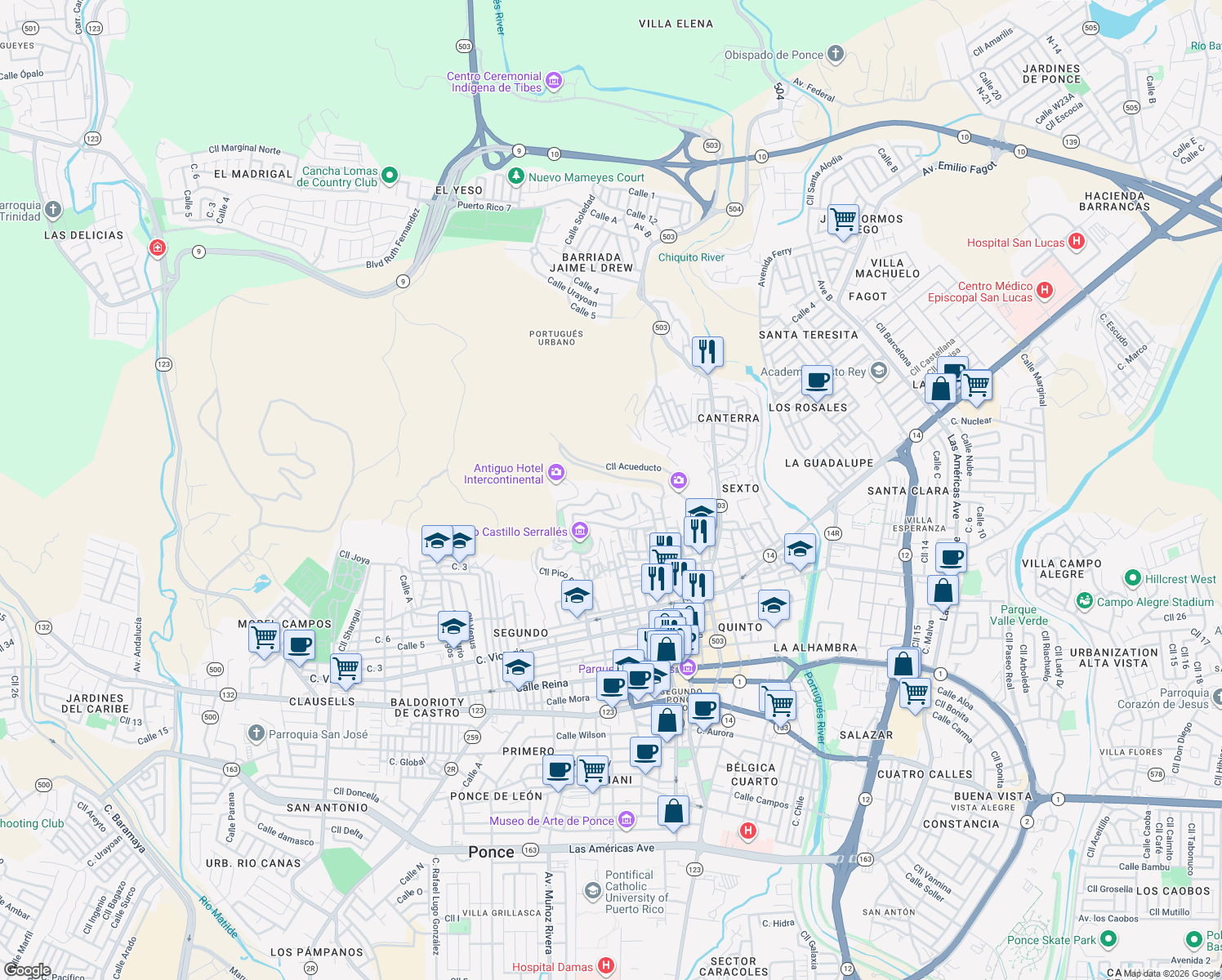 map of restaurants, bars, coffee shops, grocery stores, and more near 23-29 Pso De La Cruceta in Ponce