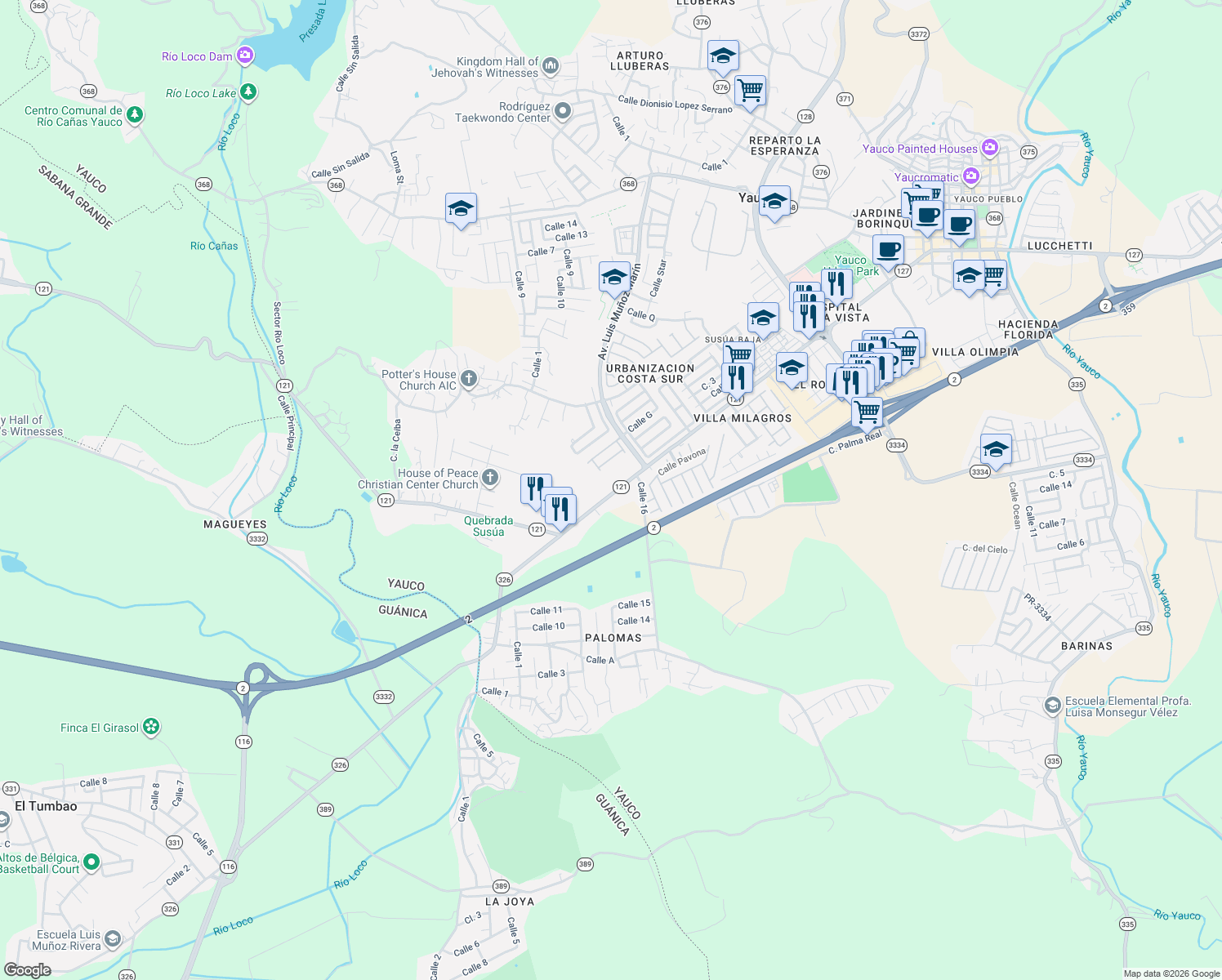 map of restaurants, bars, coffee shops, grocery stores, and more near Puerto Rico 121 in Yauco