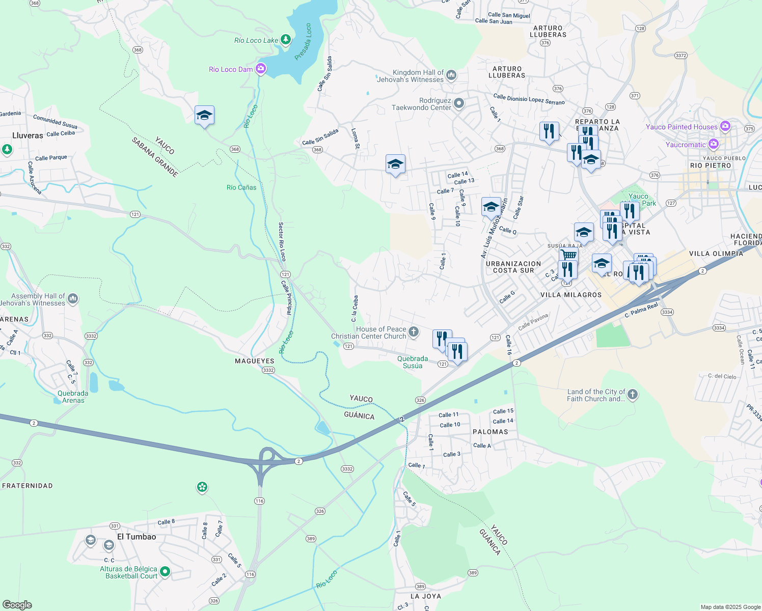 map of restaurants, bars, coffee shops, grocery stores, and more near Villa Taina in Yauco