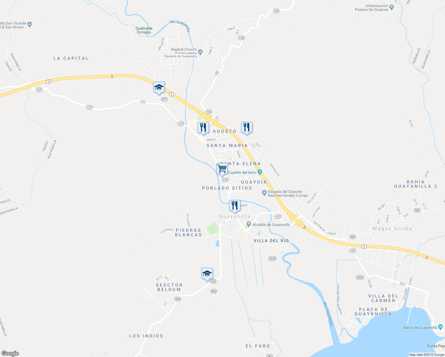 map of restaurants, bars, coffee shops, grocery stores, and more near 109 Calle Luis Munoz Rivera in Guayanilla